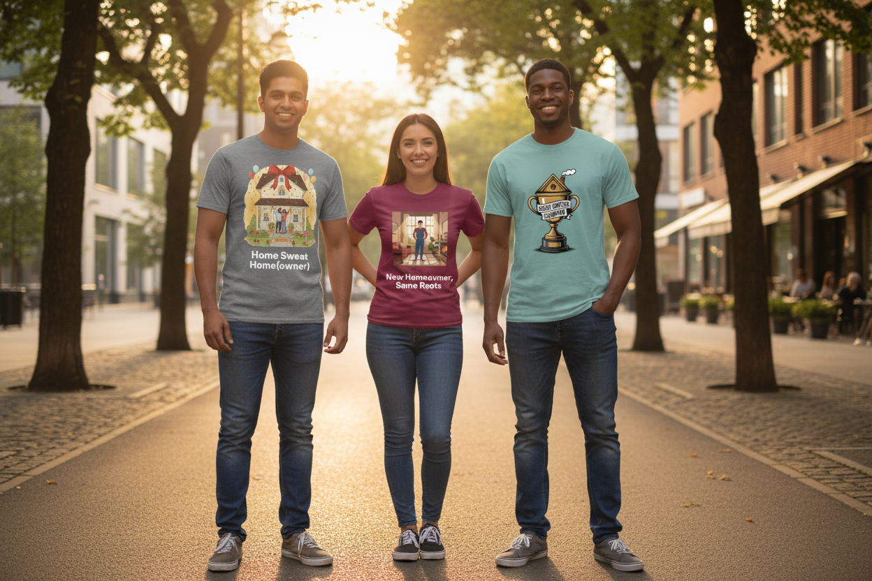 Models wearing Home Sweet Homeowner, Same Roots, and House Hunting Champion shirts